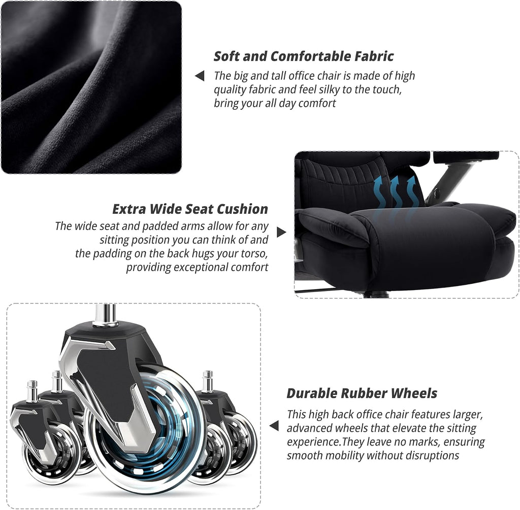 Fabric 700lbs Big and Tall Office Chair-Large Computer Chair with Adjustable Lumbar Support 3D Flip Arms Plus Size Wheels, High Back Executive Desk Chair, Heavy Duty Metal Base, Thick Padded Wide Seat