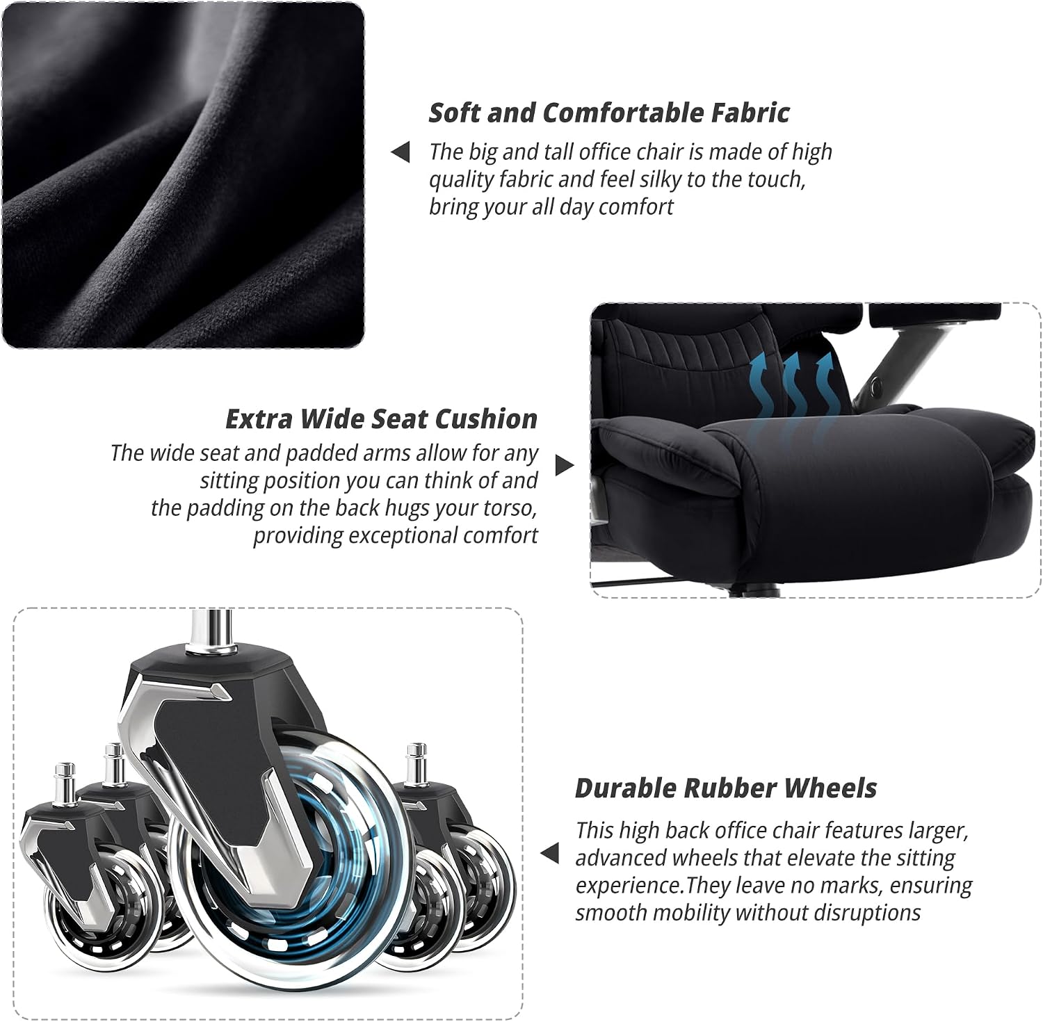 Fabric 700lbs Big and Tall Office Chair-Large Computer Chair with Adjustable Lumbar Support 3D Flip Arms Plus Size Wheels, High Back Executive Desk Chair, Heavy Duty Metal Base, Thick Padded Wide Seat