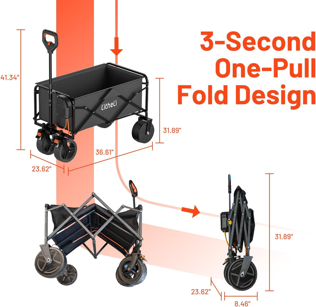 Litheli Electric Collapsible Wagon Cart Foldable, 100L Portable Folding Wagon Cart with Wheels, Outdoor Lightweight Utility Carts for Beach Grocery Camping Shopping，Black