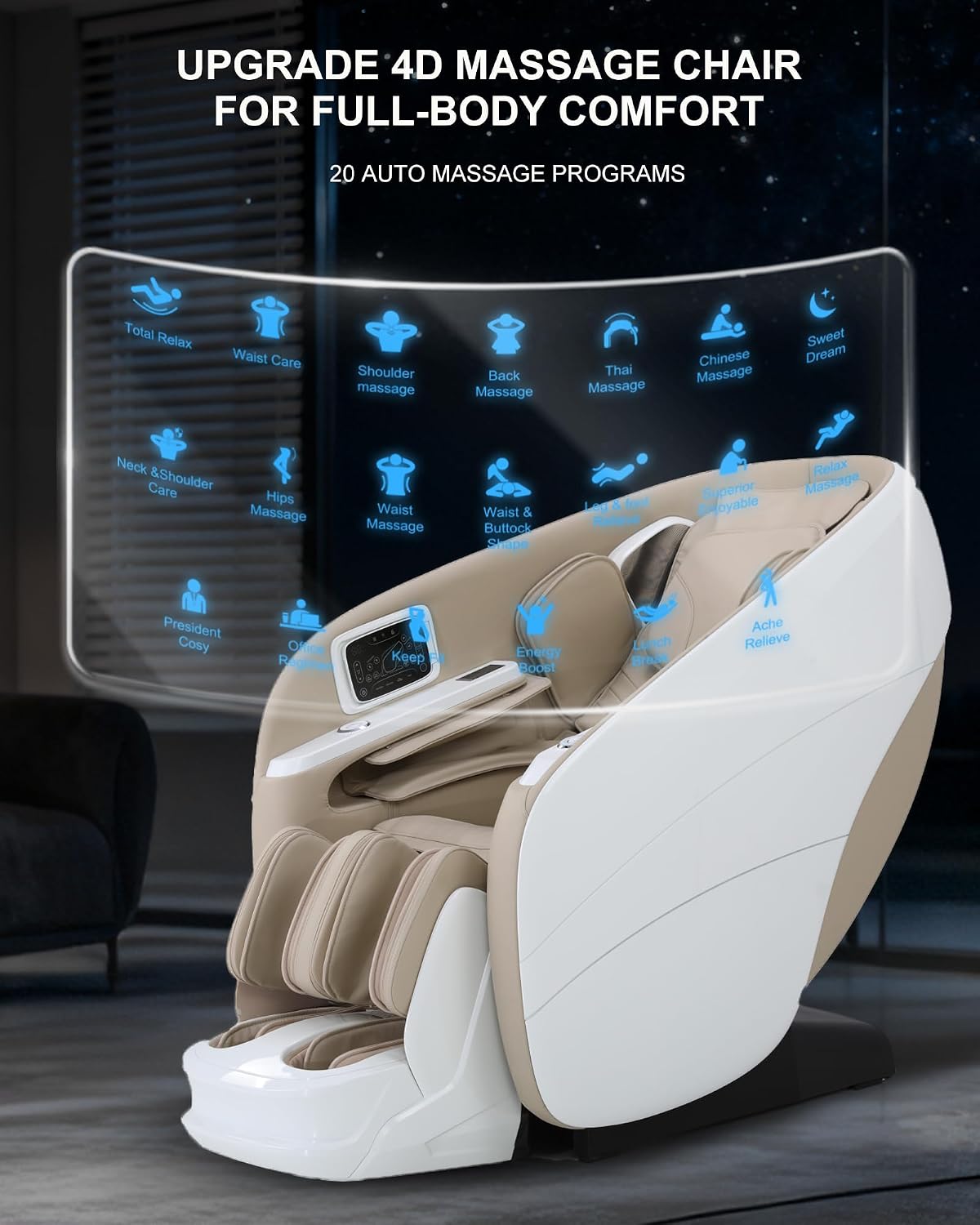 Massage Chair Full Body,4D Zero Gravity Massager Recliner with Touch Screen Controller, SL-Track Heating, Foot Massage, Auto Modes, Bluetooth Speaker, Beige