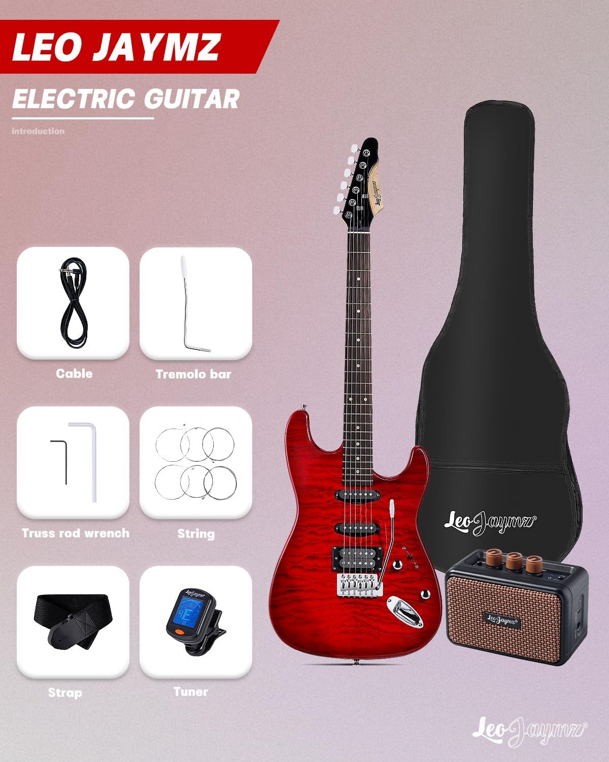 Leo Jaymz 39' Full Size ST Style Electric Guitar Starter Kit with SSH Pickup, 5W Portable Amp, Tuner, Gig Bag, Strap & Accessories (Red Ocean 5W)