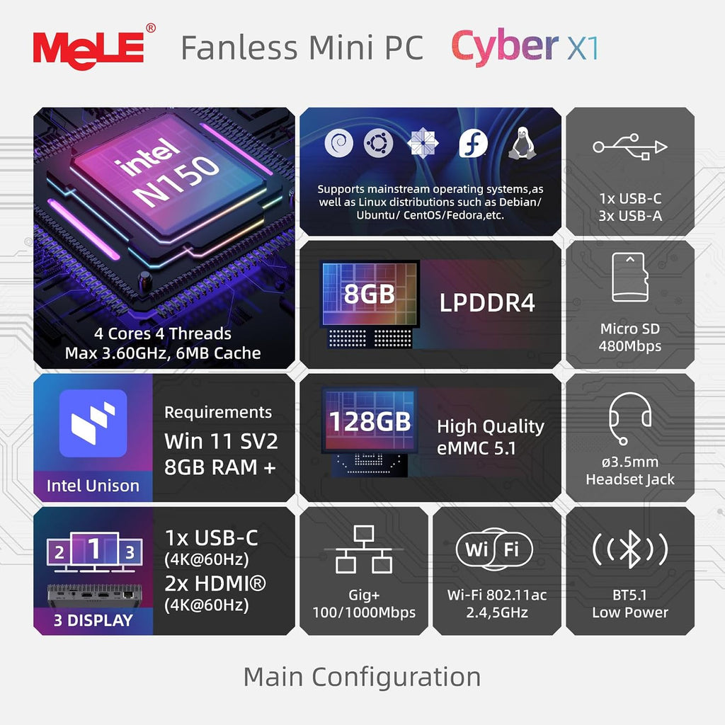 MeLE Mini PC Cyber X1 - N150, Fanless PC, 8GB RAM, 128GB Storage, 2.4/5G Wi-Fi, Full-Functional USB-C, 4K Triple Display Desktop on Home, Office, Education, Astrophotography