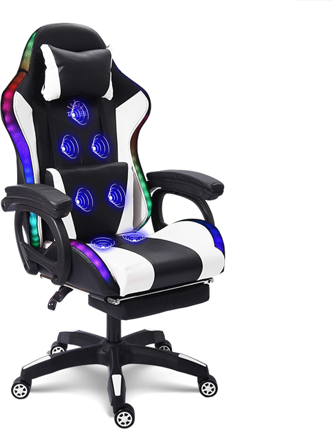 Video Game Chair with Speakers and RGB Lights, Massage Ergonomic Computer Gaming Chair with Footrest and Lumbar Support, 90°-135° Tilt Rocking Chair Gaming Chairs for Adults,White