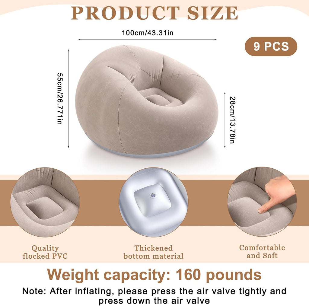 Realspring 6 9 12 Pcs Inflatable Bean Bag Chairs for Adults with Electric Air Pump, Blow up Couch Folding Portable Inflatable Couch Lazy Sofa for Outdoor Movie Night Camping(Coffee,9 Pcs)