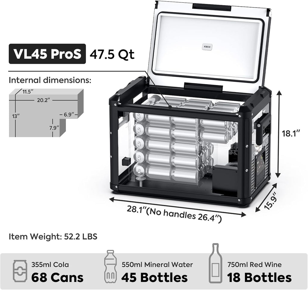 ICECO VL45ProS 12V Refrigerator, 45L Portable Freezer with SECOP Compressor, Iron Cabinet Shell Car Refrigerator with Multi-directional Lid, 0-50℉, AC&DC, For Outdoor&Indoor|With Extension DC Cable
