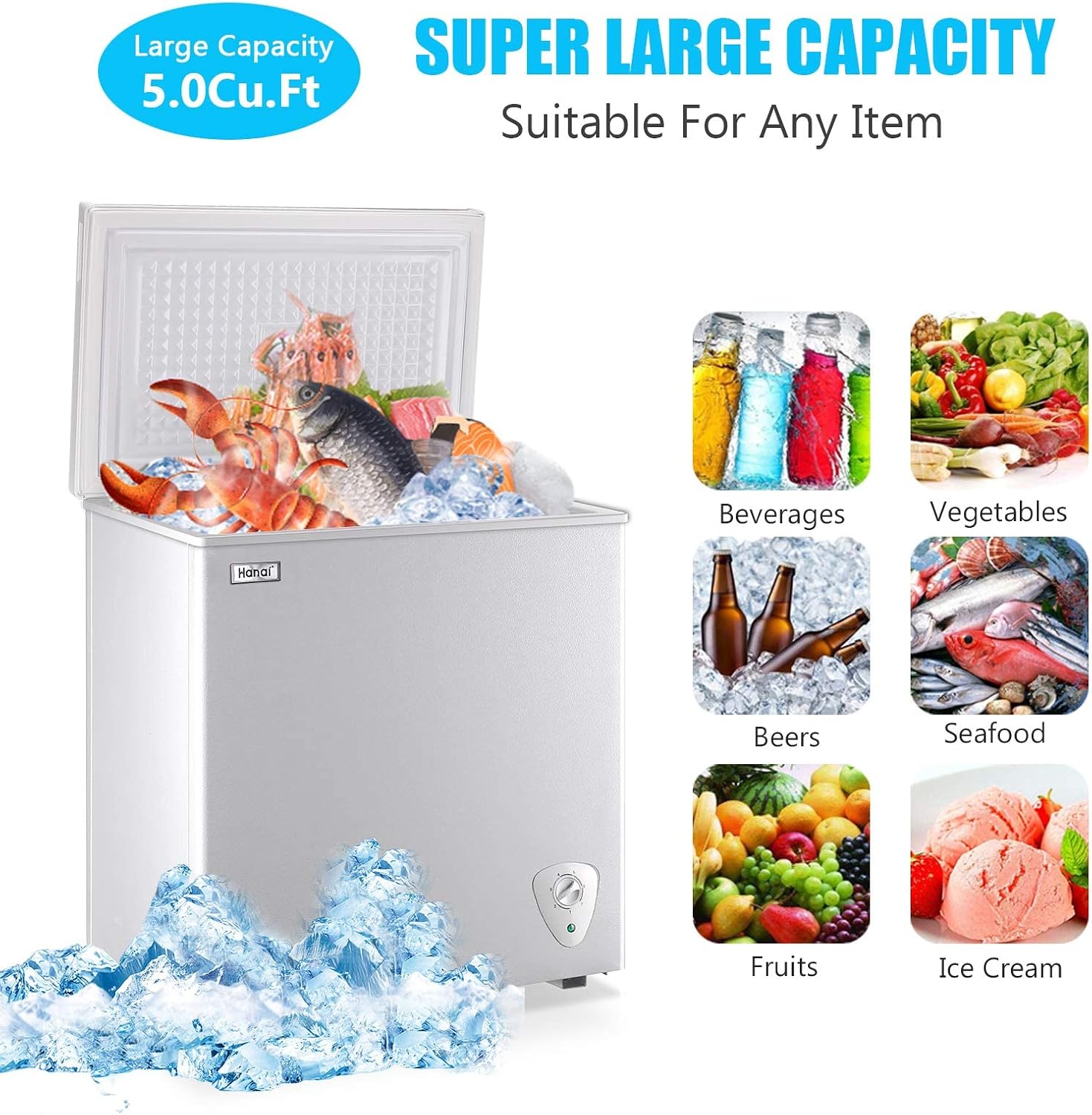 5.0 Cubic Feet Deep Chest Freezer Compact Freezers with Adjustable Thermostat Top Open Door with Removable Storage Basket for Home Kitchen and Bar