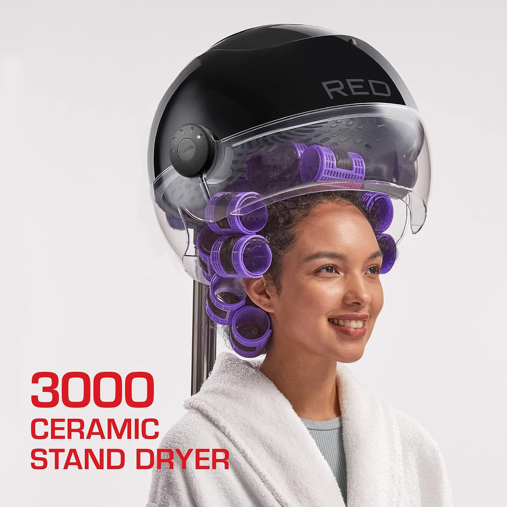 RED by Kiss 3000 Ceramic Stand Hood Dryer with Digital Timer, Adjustable Height, 360° Wheels, 3 Temp Settings, Quick Drying, Comfortable Hood, Ideal for Home & Salon Use