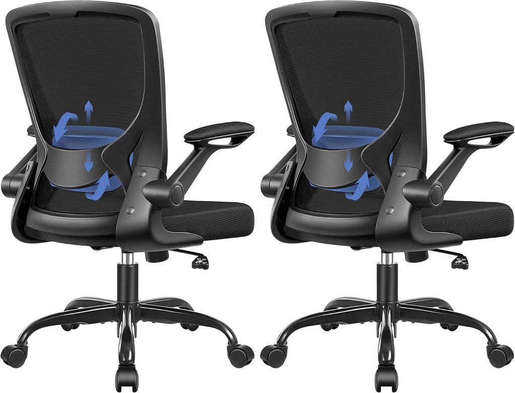 BESTFAIR Ergonomic Office Chair, Mesh Computer Desk Chairs with Lumbar Support, Swivel Desk Chair with Flip-up Arms and Adjustable Height, Black, 2-Pack