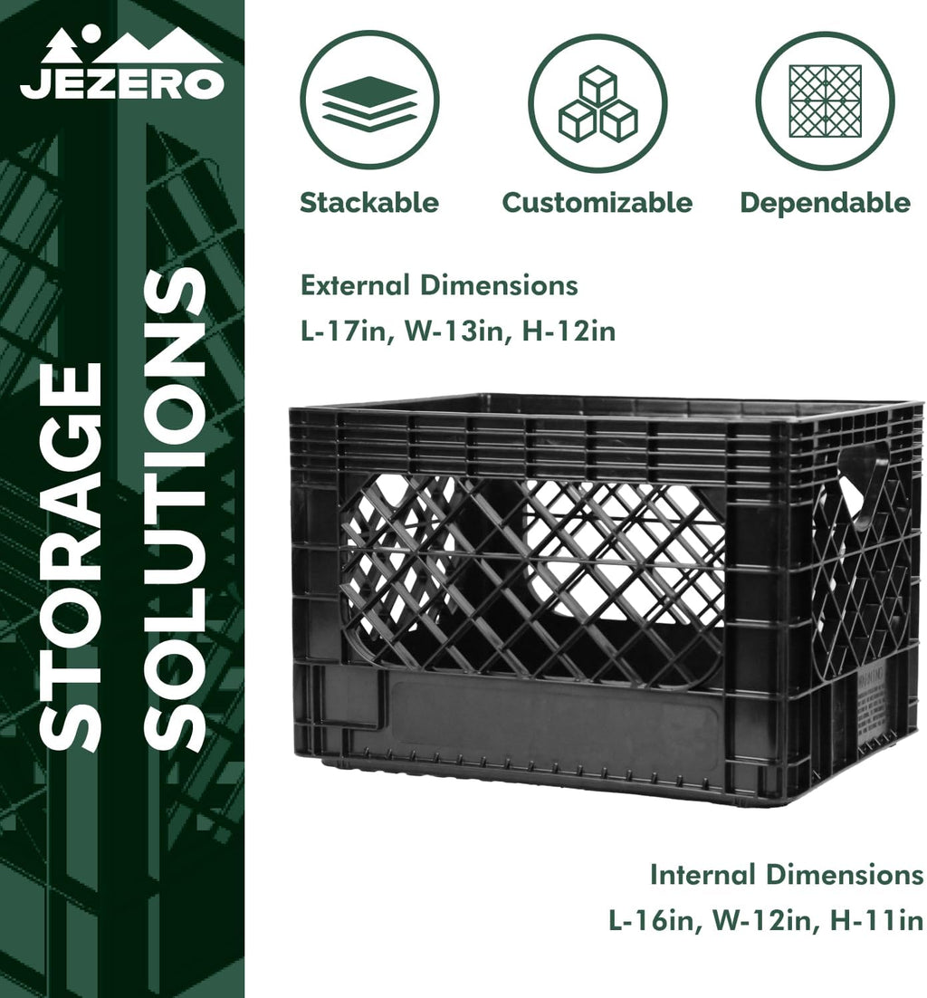 JEZERO 20 Quart 4-Pack Heavy Duty Plastic Crate | Stackable Multi-Purpose Storage Bin for Garage, Home, Office, Groceries, Outdoor, Camping & Kayaking | Black Utility Tote, 17' x 13' x 11'