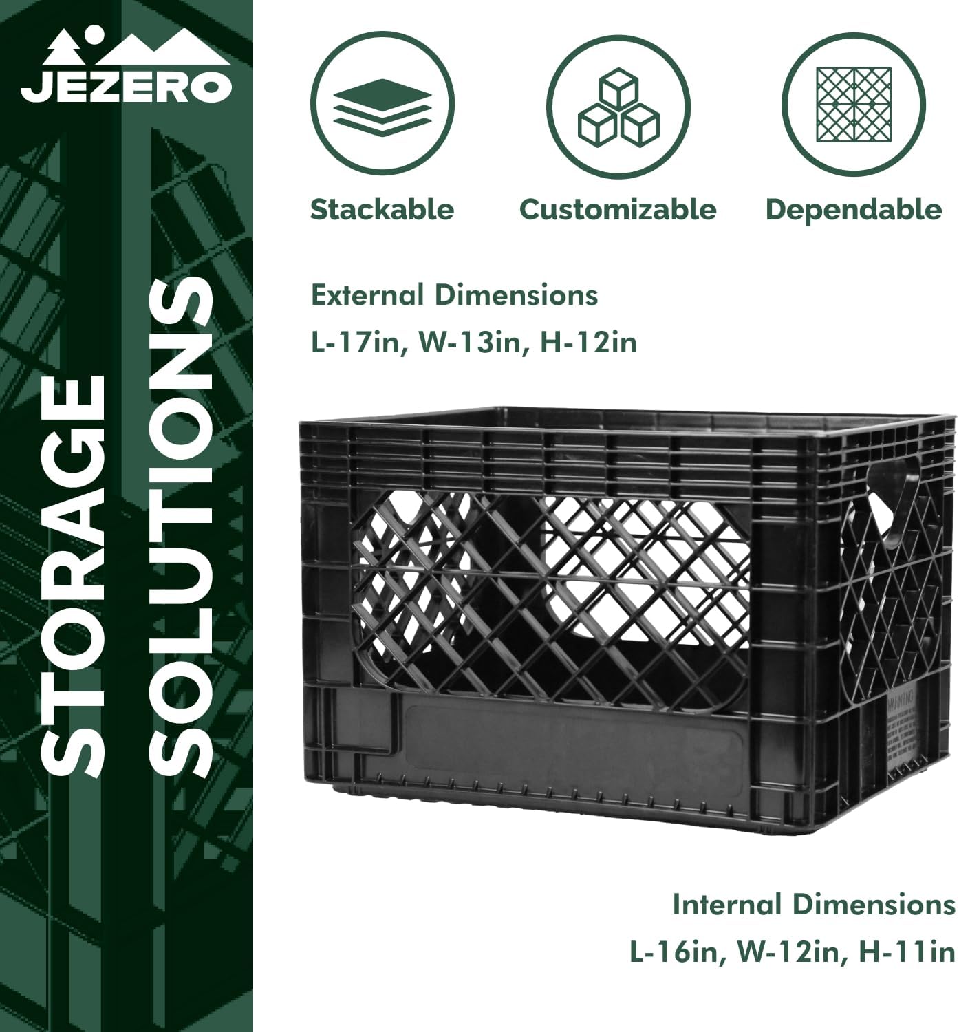JEZERO 20 Quart 4-Pack Heavy Duty Plastic Crate | Stackable Multi-Purpose Storage Bin for Garage, Home, Office, Groceries, Outdoor, Camping & Kayaking | Black Utility Tote, 17' x 13' x 11'