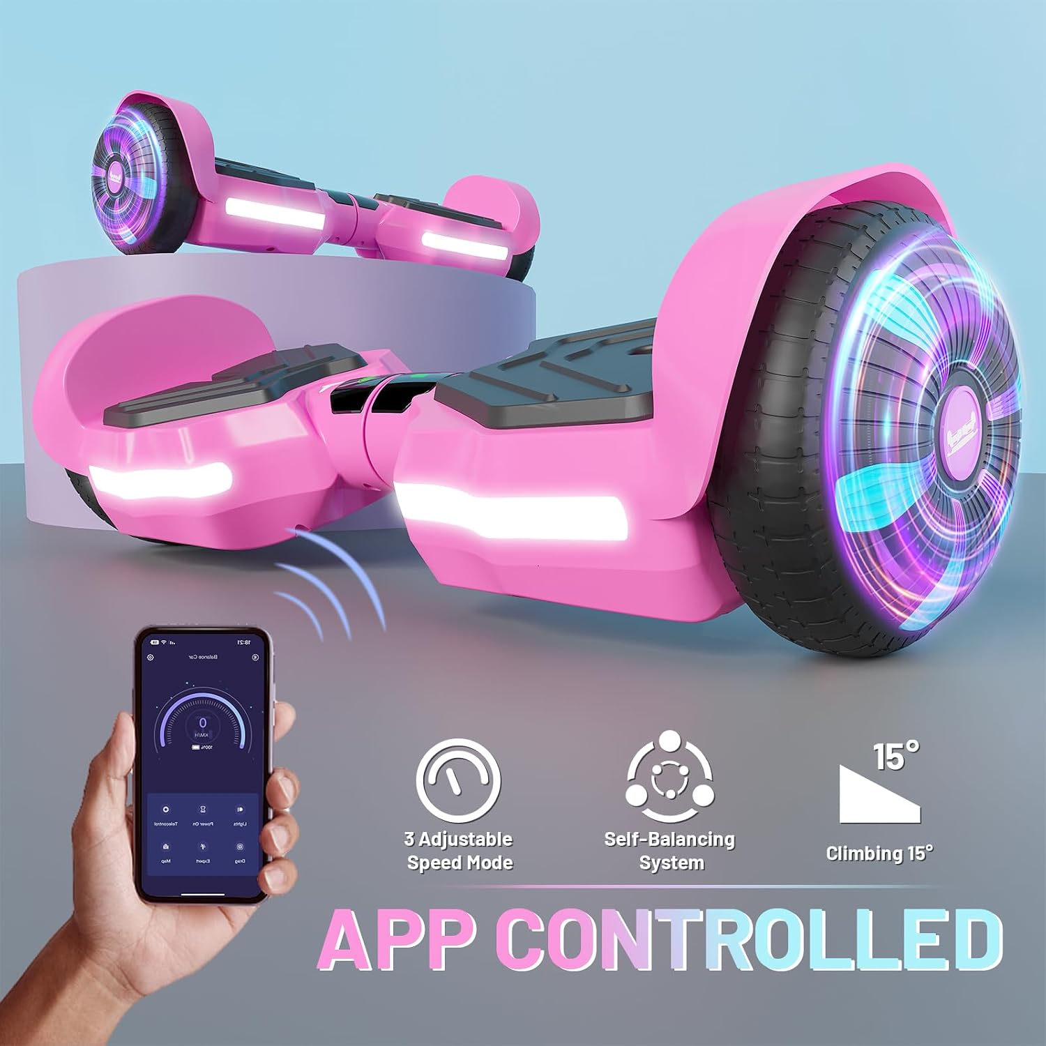 SIMATE Scooter, Bluetooth Speakers and LED Light-Up Wheels, APP Control, Dual 250W Motors, 8.5 mph Max Speed & 8.5 Miles Max Range, Gifts for Kids Adults Girls Boys