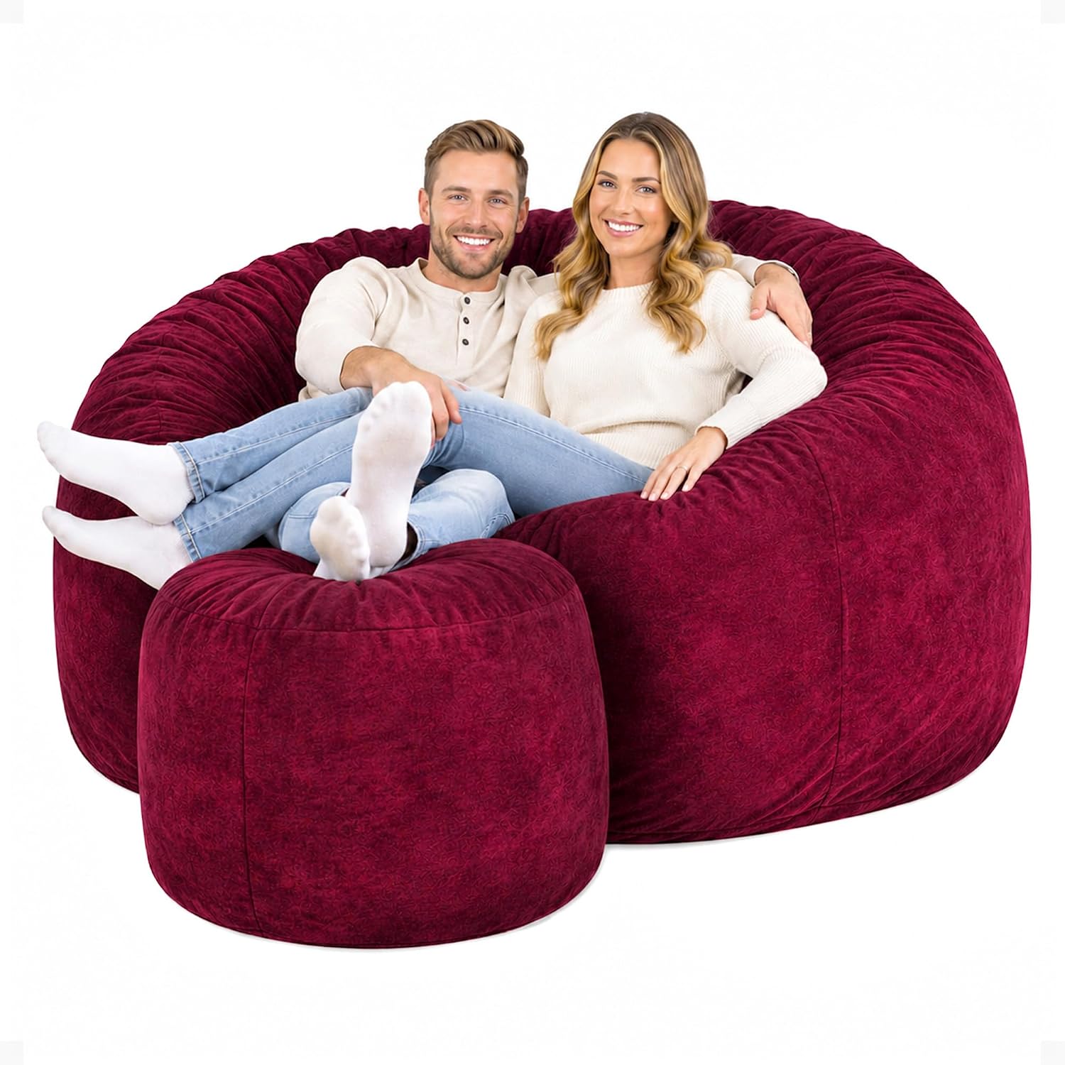 ULTIMATE SACK 6000 6-Foot Bean Bag Chair with Footstool, Burgundy Suede Cover – Oversized Foam Lounger, Floor Seat, Small Sofa, or Couch Bed for Living Area, Gaming Room, or Reading Lounge