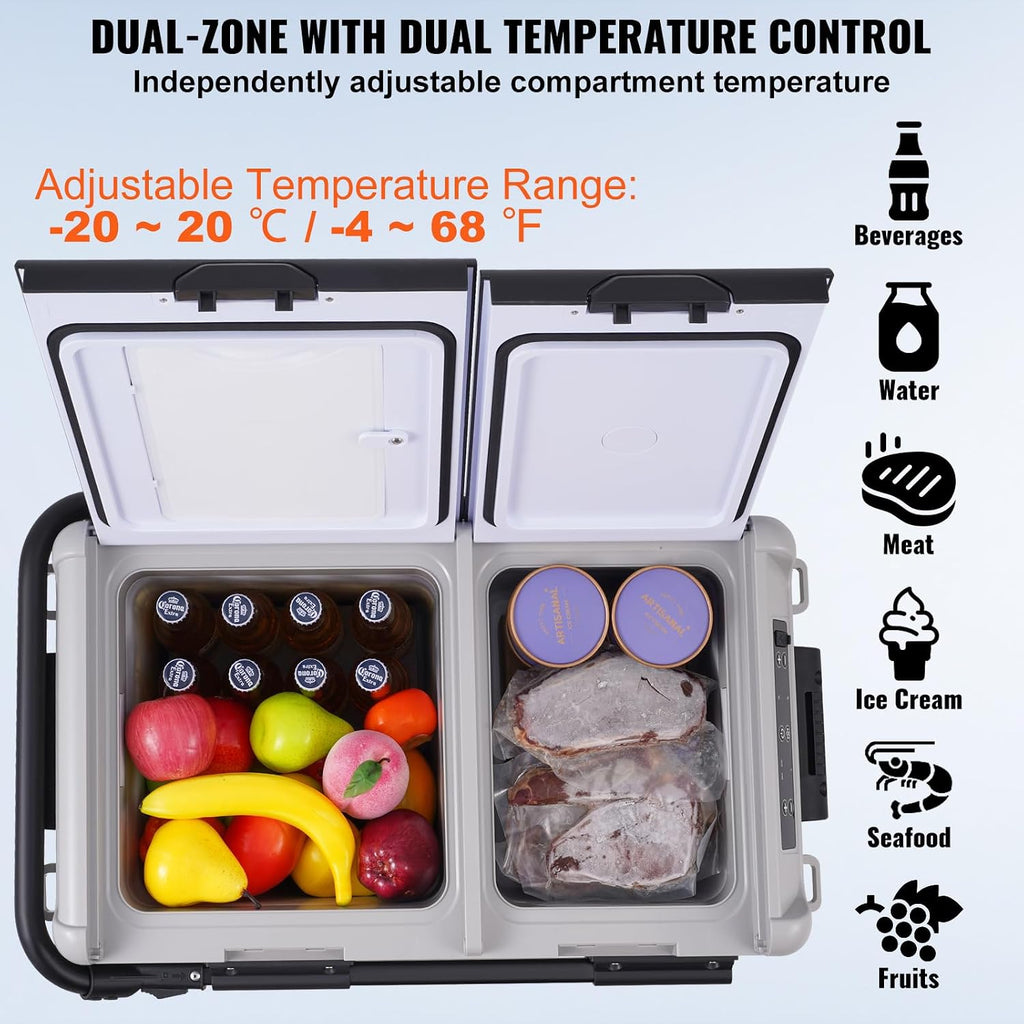 VEVOR Car Refrigerator 50L / 52.8 QT, Dual Zone 12 Volt Compressor Fridge, -4℉ to 68℉ Adjustable, Portable Freezer Cooler for Car, RV, Camping, Home