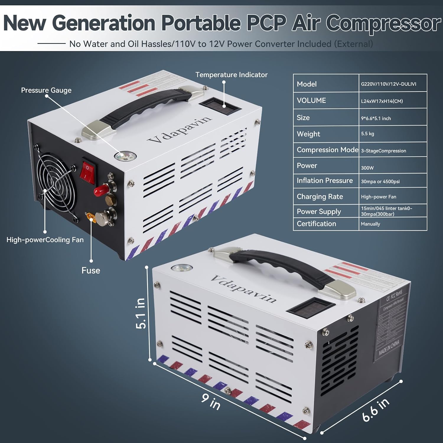 PCP Air Compressor, 4500 psi / 30 MPa PCP Airgun Compressor, 12V DC / 120V AC Power Manual Shut-off, Built-in Converter and Fan Cooling System Suitable for Paintball, Scuba Tank Compressor