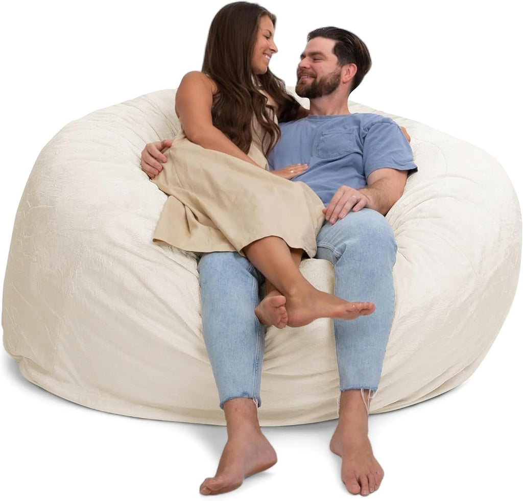 Ultimate Sack 6000 6-Foot Bean Bag Chair, Ivory Fur Cover – Oversized Foam Lounger, Floor Seat, Small Sofa, or Couch Bed for Living Area, Gaming Room, or Reading Lounge
