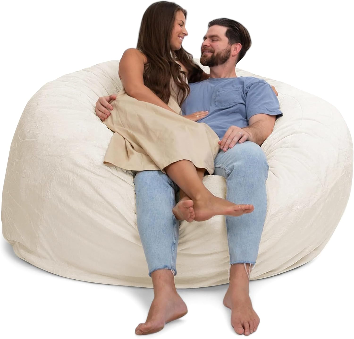 Ultimate Sack 6000 6-Foot Bean Bag Chair, Ivory Fur Cover – Oversized Foam Lounger, Floor Seat, Small Sofa, or Couch Bed for Living Area, Gaming Room, or Reading Lounge