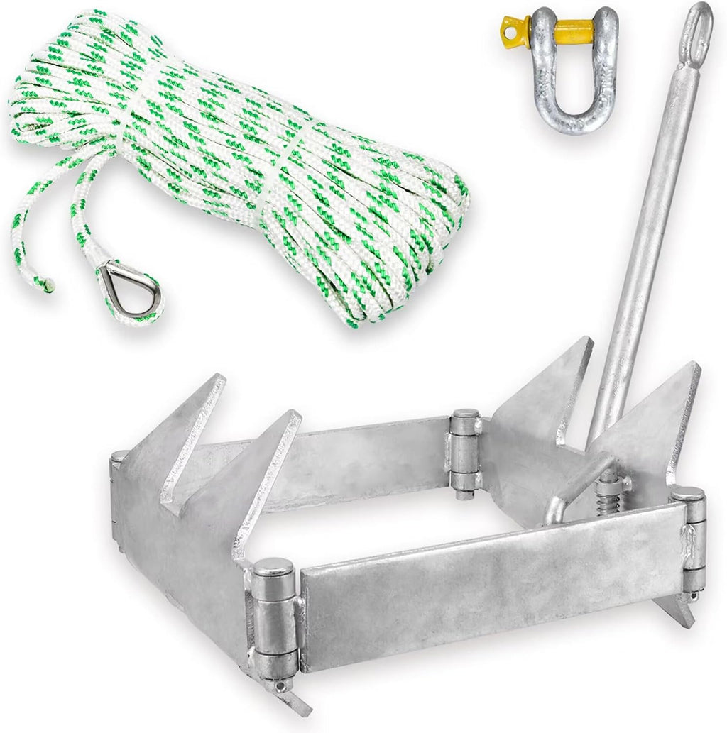 MARINE SYSTEM Galvanized Boat Folding Square Anchor Kit with 3/8 inch x 150 FT Rope and Shackle 13lb, 19lb, or 25 lb