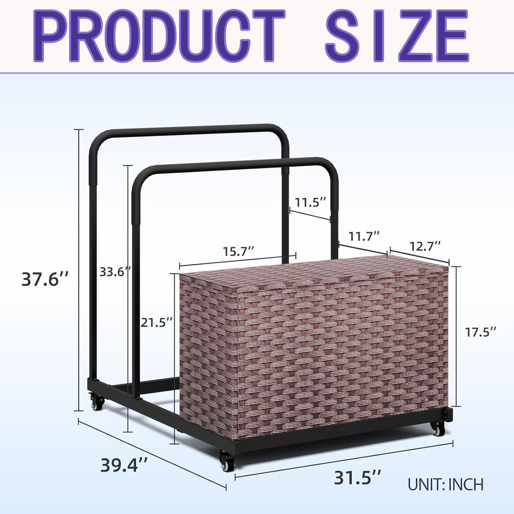 FONTOI Pool Storage, All-Weather Float Storage Organizer for Cushions, Pool Float Storage Bin with Wheels, Waterproof Metal with Rattan Pattern UV Print Outdoor Pool Towel Rack, Brown