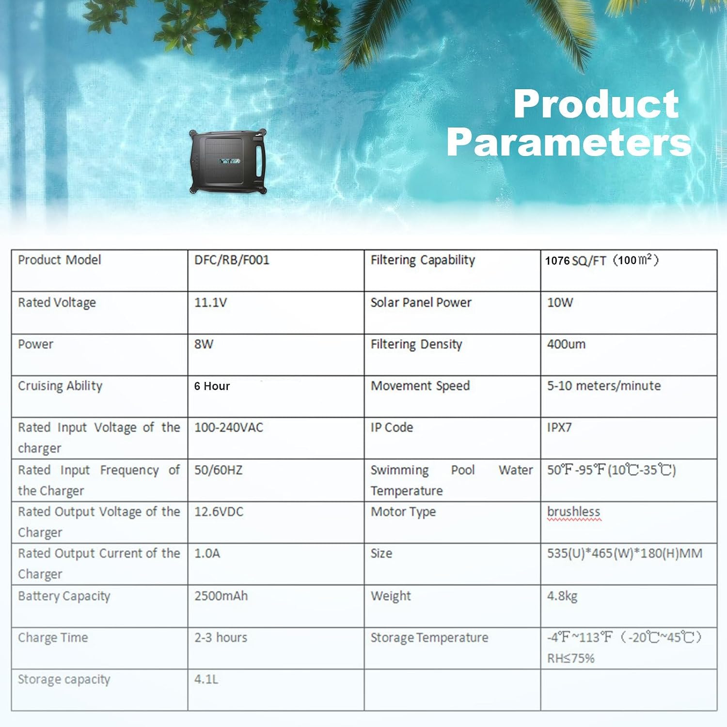 Pool Cleaning Robot, Solar Powered Above Ground Pool Skimmer, Fast Dual Charging, Stronger Suction, Automatic Obstacle Avoidance, for Above Water Pools