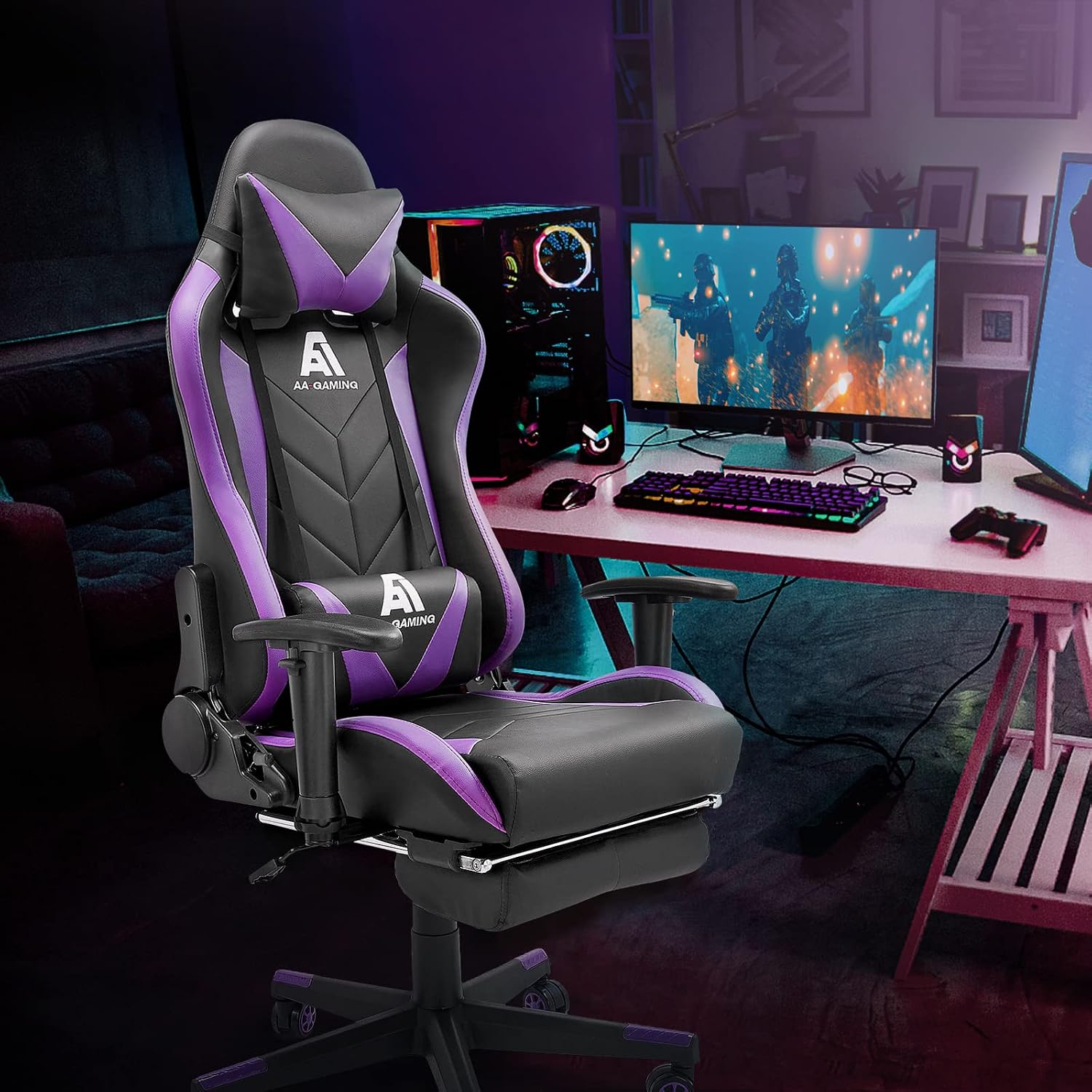 Gaming Chair High Back Ergonomic Computer Racing Chair Adjustable Office Chair with Footrest, Lumbar Support Swivel Chair - Upgraded Version BlackPurple