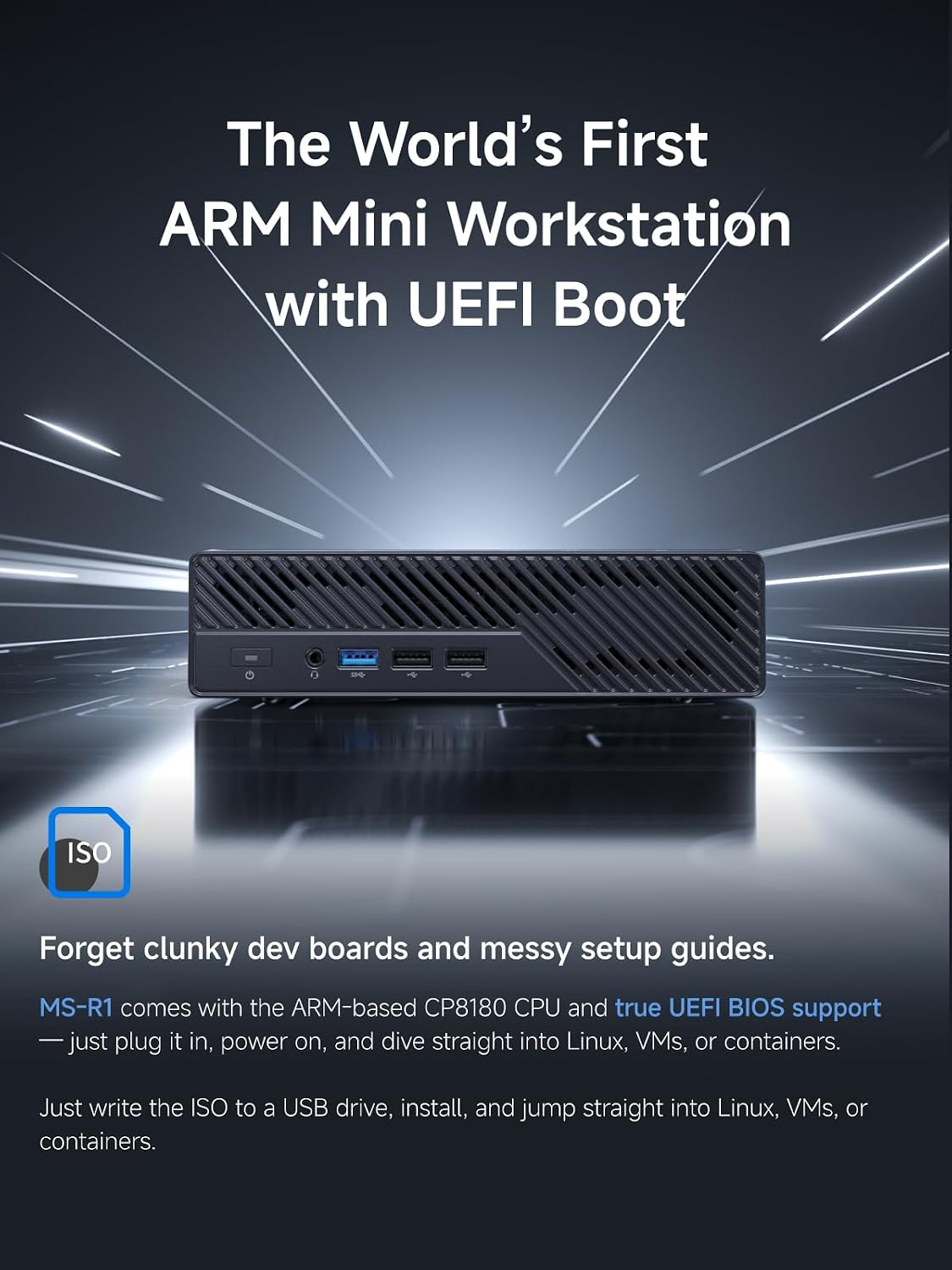 MINISFORUM ARM Mini Workstation Supporting UEFI Boot, Built-in ARM-Based CPU CP8180(12 C/12T, 2.6GHz, 45 Tops), 64GB LPDDR5 5500MHz RAM ECC Supported, M.2 SSD Slot, Dual 10G LAN,WiFi 6e/BT5.3