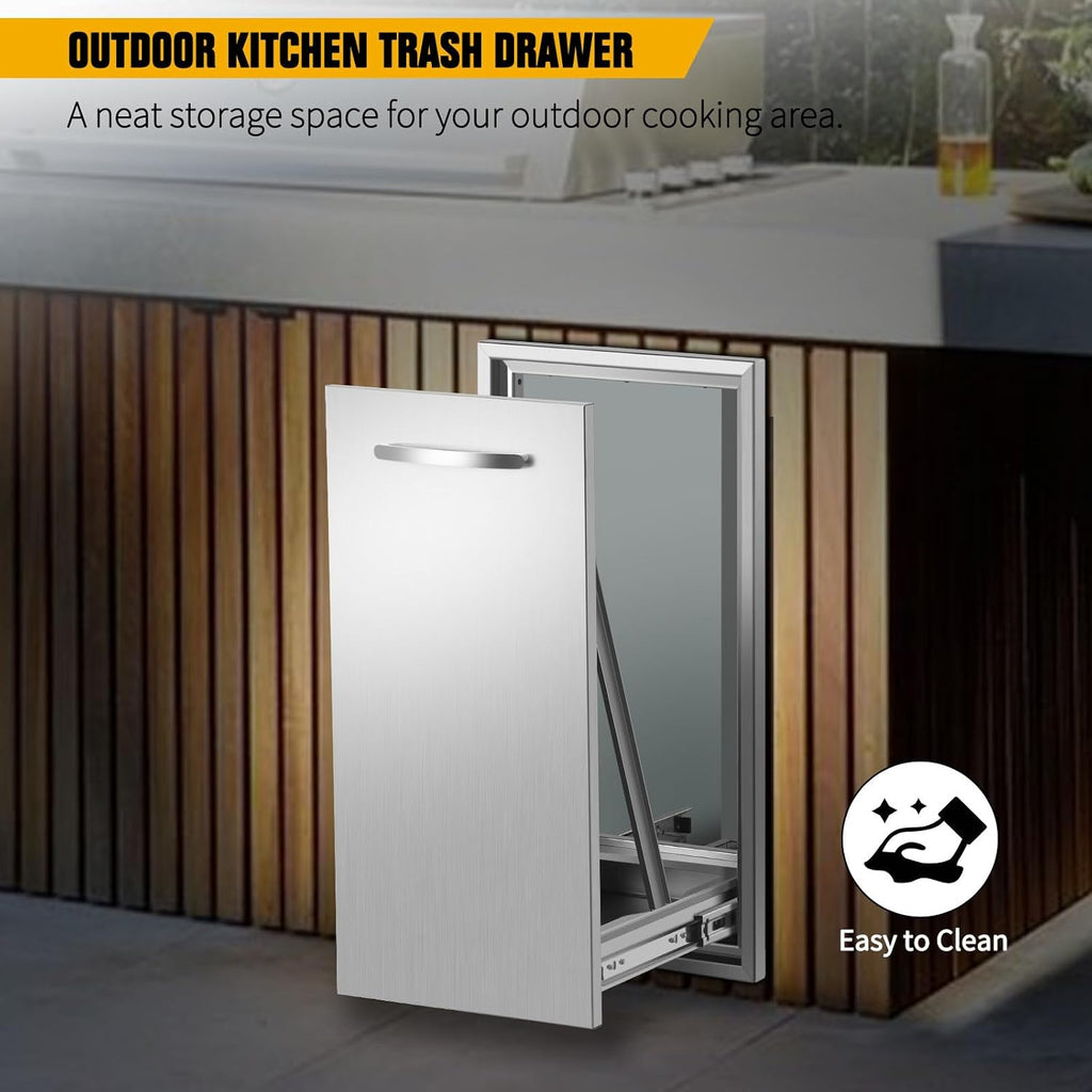 13.4''Wx25.7''Hx19.6''D Pull-Out Trash Drawer, Pull-Out Tray Outdoor Kitchen Stainless Steel Built-in Trash Bin for BBQ Island Grill Station