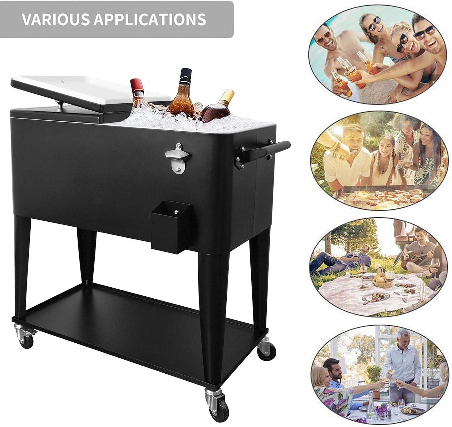 80 Quart Rolling Ice Chest Cooler Cart,for Outdoor Patio Deck Party Portable Party Bar Cold Drink Beverage Cart, Backyard Cooler Trolley on Wheels with Shelf, Bottle Opener