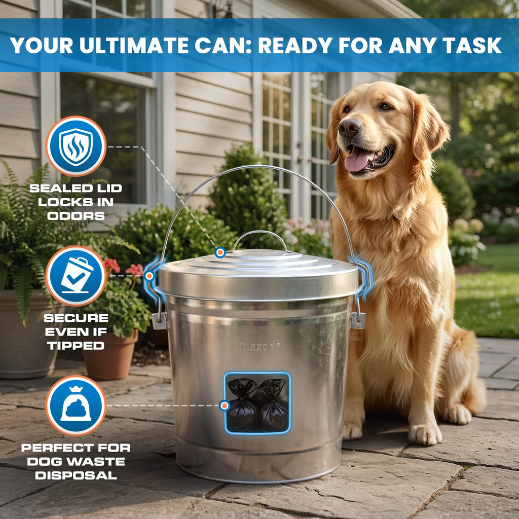 Plexon 6 Gallon Small Metal Trash Can with Locking Lid Galvanized Metal Bucket for Poultry Feed Bird Seed Storage Ash Outside Garbage Can with Lid, 3 Pack