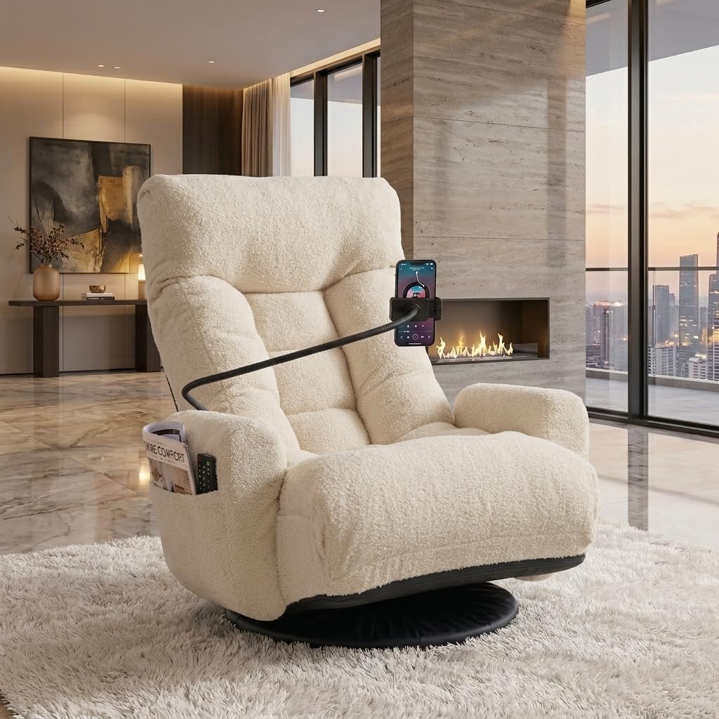 Gaming Chair Floor Sofa, Gaming Lounge Chair with 14-Section Head & 3-Section Waist Adjustment, 360° Swivel & Spring Seat for Gaming, Napping, Reading, Dorm, Small Apartment (Beige)