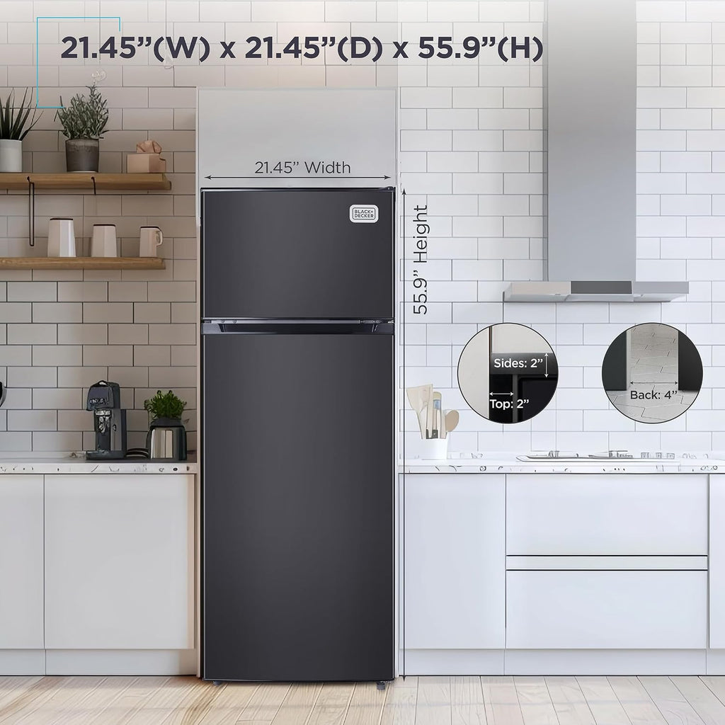 BLACK+DECKER 7.7 Cu. Ft. Top Mount Refrigerator with Freezer, 2 Door Fridge with Top Freezer and Mechanical Temperature Control, For Homes and Apartments, BDA77LAB, Black