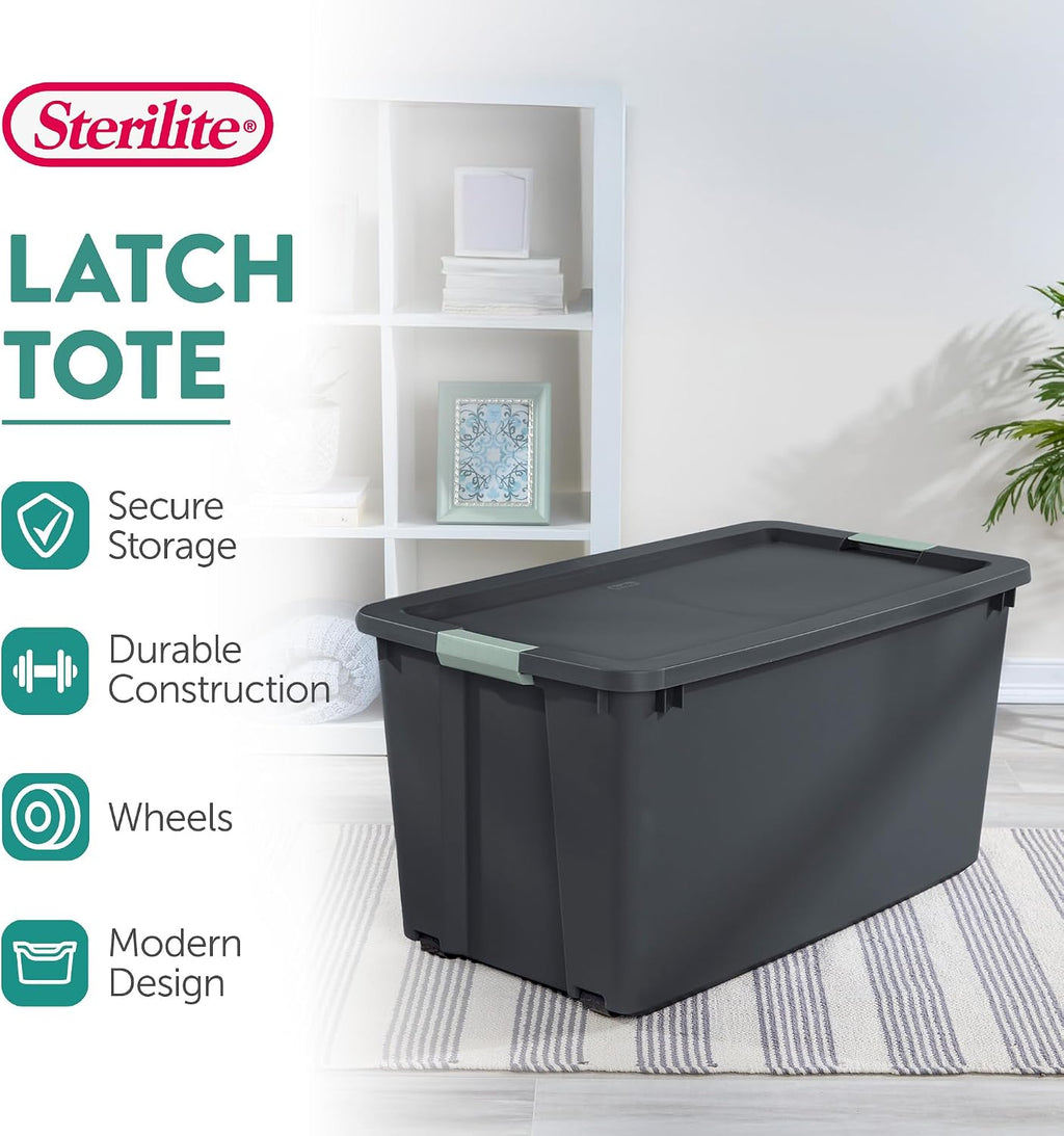 Sterilite 8 Pack 45 Gallon Wheeled Latch Tote, Stackable Plastic Storage Bin, Gray/Green