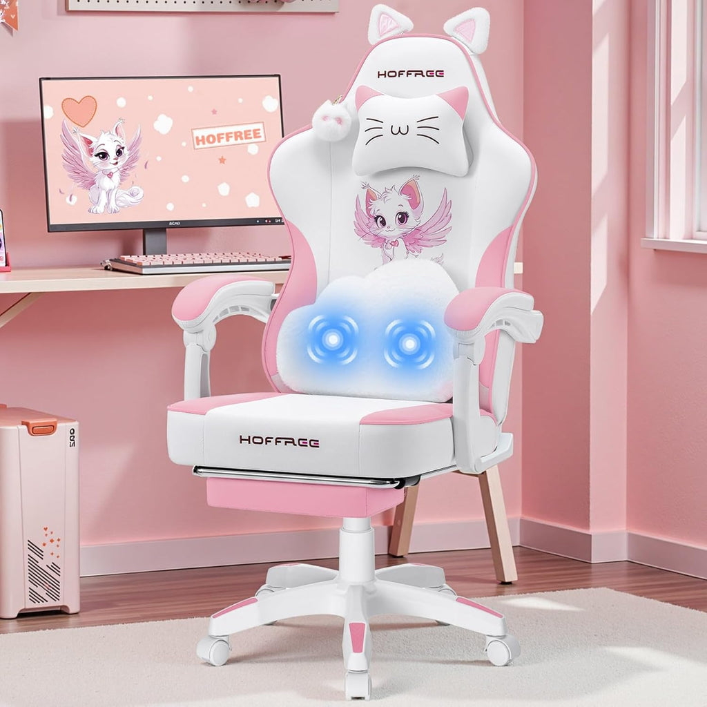 HOFFREE Pink Gaming Chair with Cat Ears and Cloud Massage Lumbar Ergonomic Cute Computer Chair for Girls with Footrest Comfortable Reclining Game Chairs for Adults Pink and White