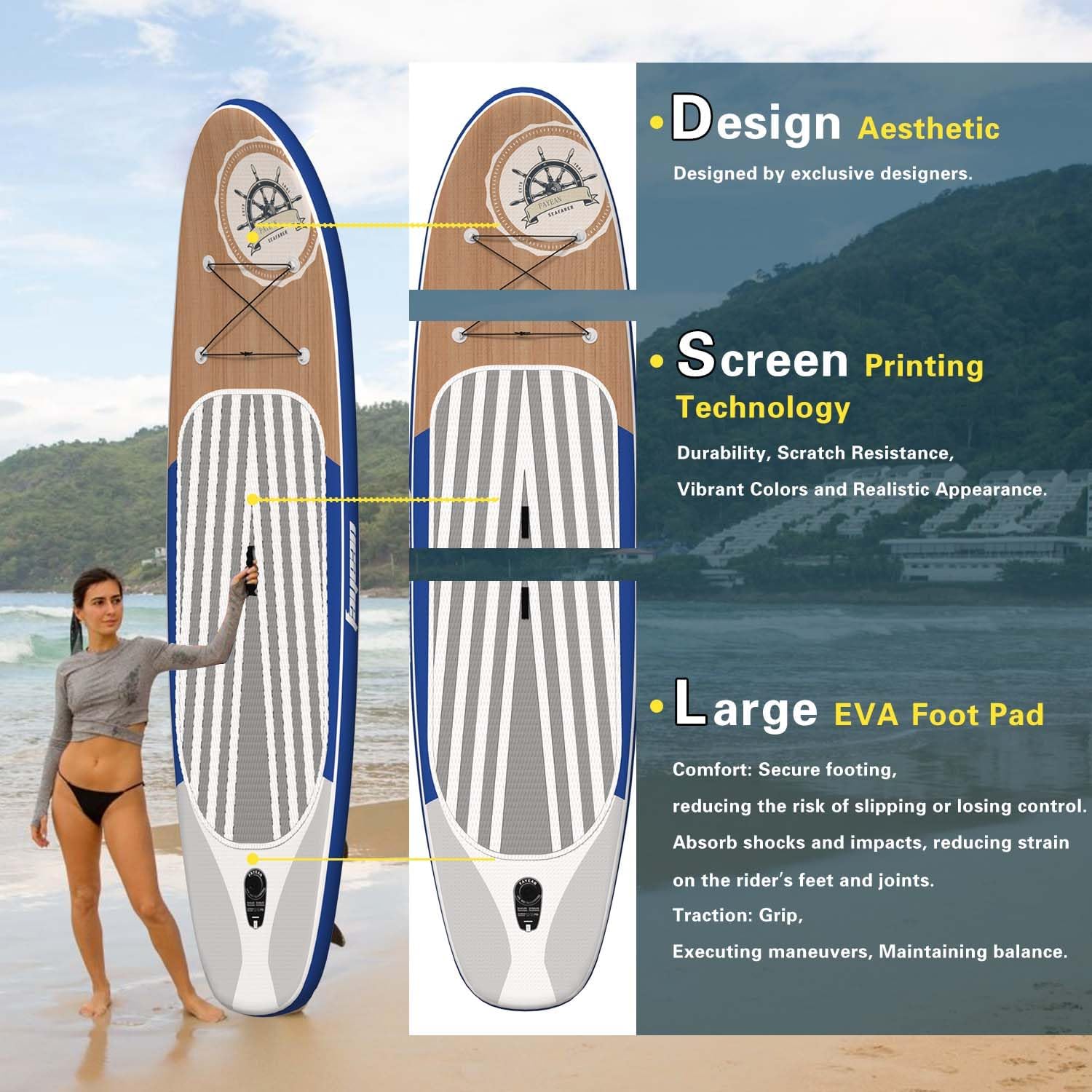Inflatable Stand Up Paddle Board Non-Slip Deck, 11'×33'×6' Complete SUP Accessories for All Skill Levels, Wide Seat & Safety Leash, 3 Fins, Adjustable Paddle, Pump & Carrying Backpack
