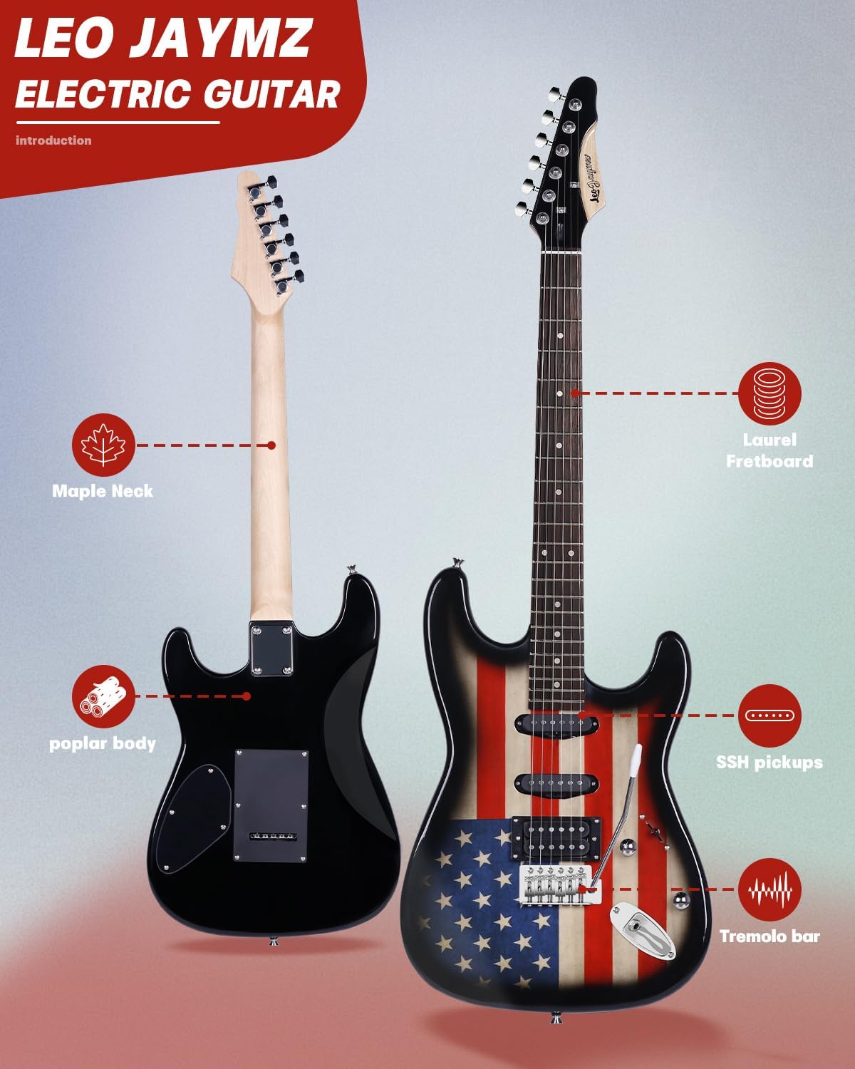 Leo Jaymz 39' Full Size ST Style Electric Guitar Starter Kit with SSH Pickup, 5W Portable Amp, Tuner, Gig Bag, Strap & Accessories (US Flag)