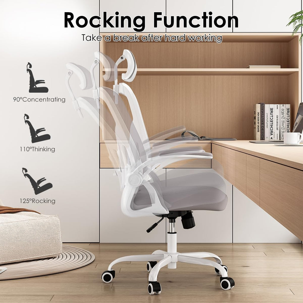 Farini Ergonomic Office Chair, Home Office Desk Chair with Headrest, High Back Swivel Computer Chair with Armrests and Adjustable Lumbar Support for Home Office Study Room, White & Gray
