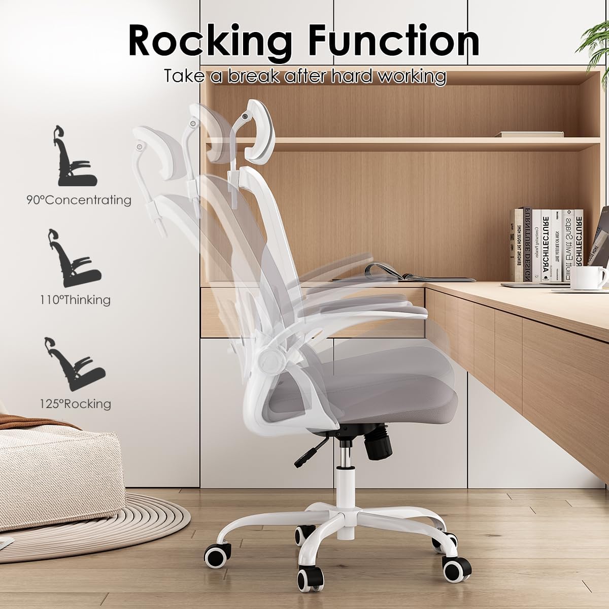 Farini Ergonomic Office Chair, Home Office Desk Chair with Headrest, High Back Swivel Computer Chair with Armrests and Adjustable Lumbar Support for Home Office Study Room, White & Gray