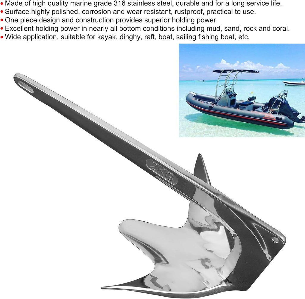 Ymiko 316 Stainless Steel Claw Boat Anchor Boats from 1522 ft Marine Accessories, Premium 4.4 lbs 2 kg Anchor Accessories for Fishing Kayaks, Canoe, Jet Ski, Paddle Board and Small
