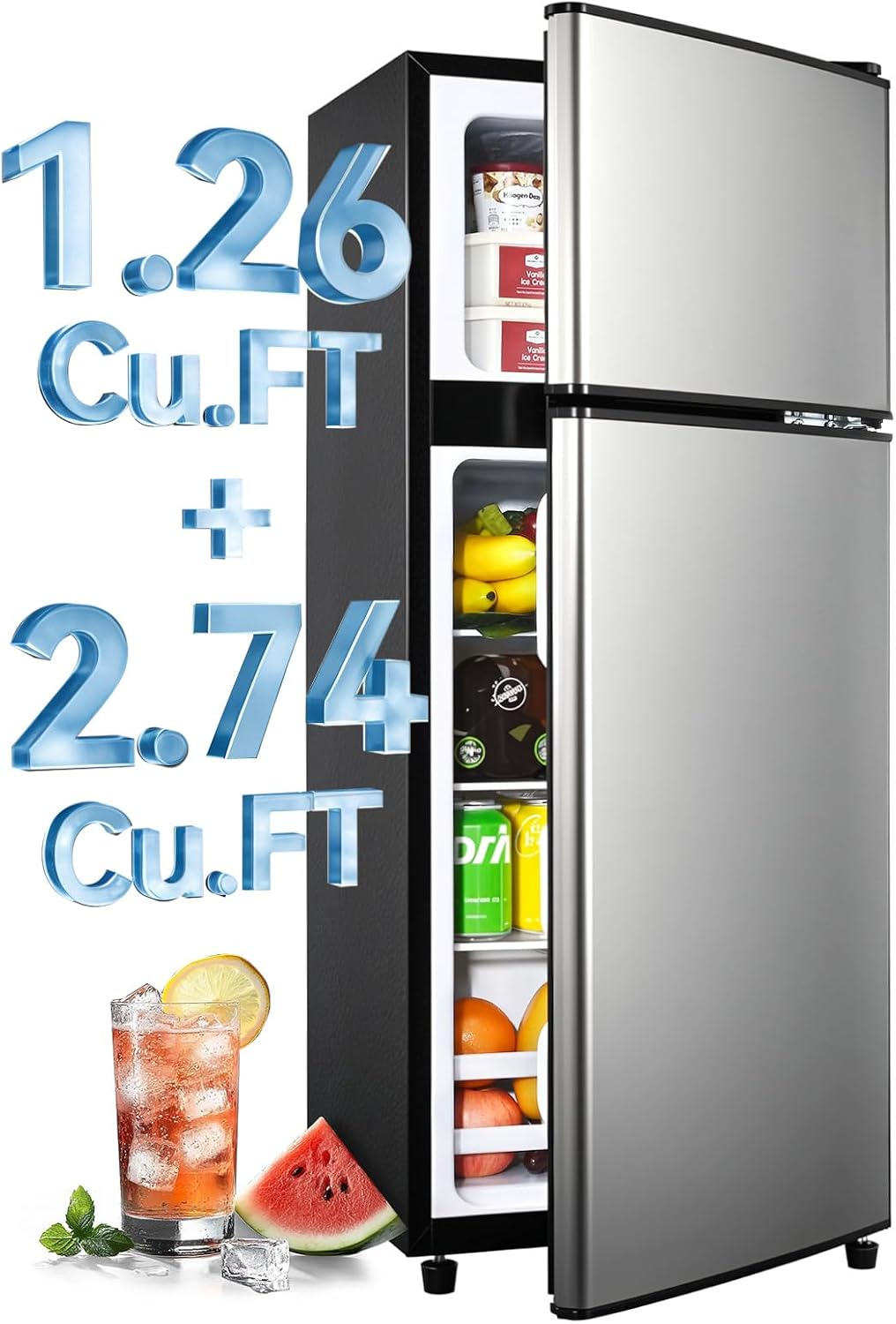 Anypro 4.0 Cu.Ft Fridge with Freezer, Double Door Refrigerator with 6 Level Thermostat, LED Light, Adjustable Glass Shelves for Bedroom, Office, Dorm, Apartment, Silver