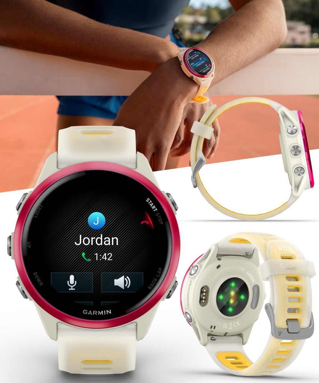 Garmin Forerunner 570 42mm Advanced GPS Running & Triathlon Smartwatch, AMOLED Display, Training & Recovery Features, Raspberry Aluminum w/Translucent Bone/Mango Band w/ Wearable4U PowerBank Bundle