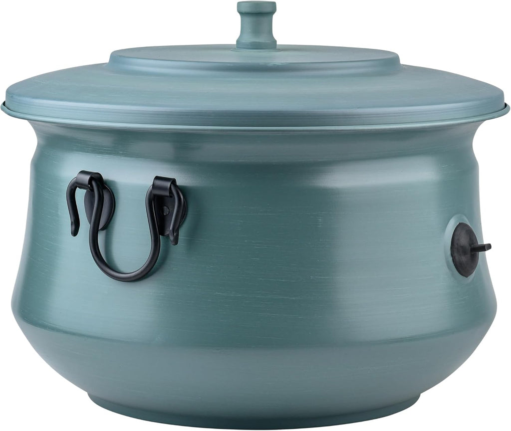 Decorative Garden Hose Holder Storage Pot with Lid | Hose Container Pot Outdoor or Indoor Use | Water Hose Hider 19x15.25 Inches,Green | Handmade (Brushed Green)