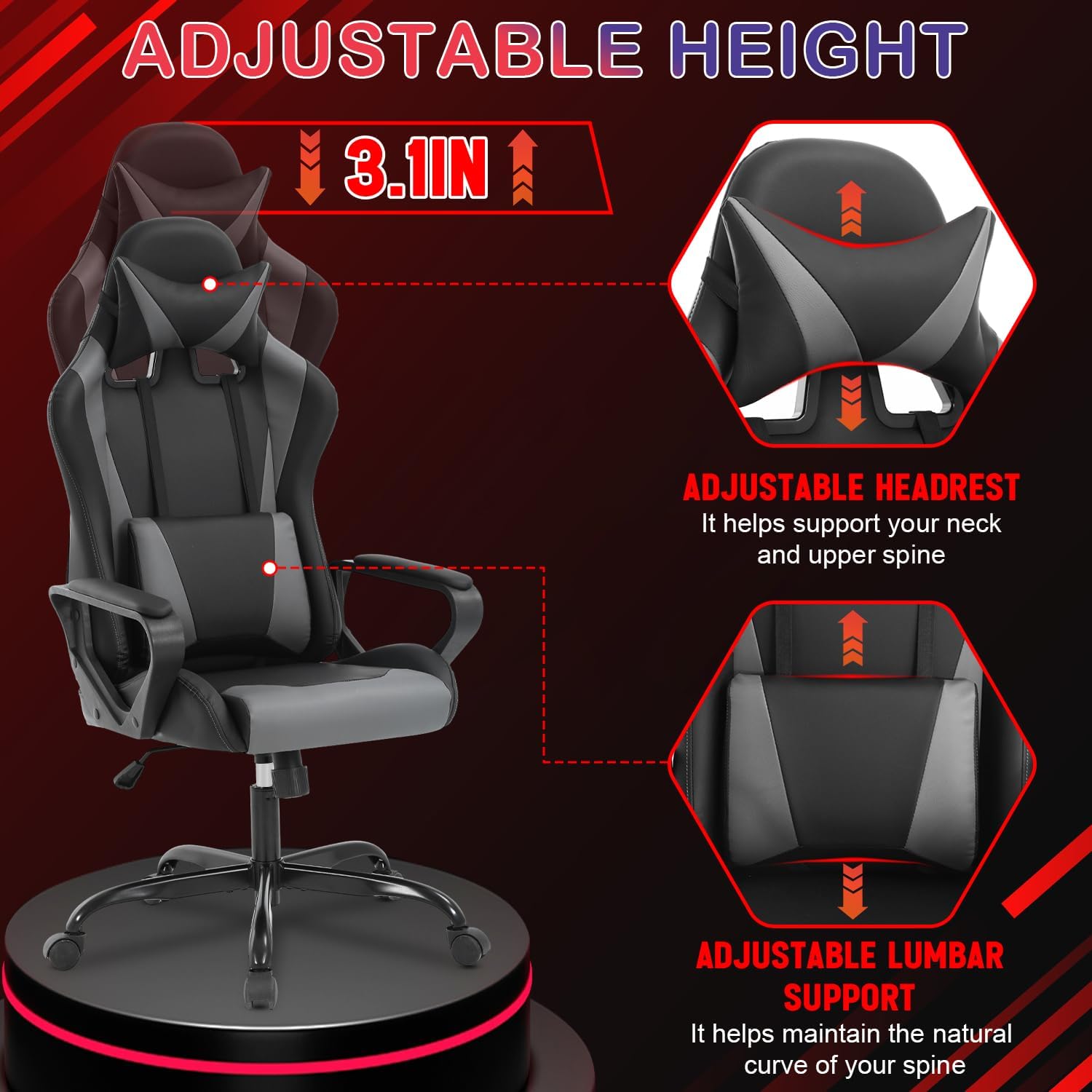 Dopinmin PU Leather Ergonomic Gaming Chair Esports Computer Chair Boss Chair with Lumbar Cushion and Retractable Footrest Video Game Chair for Streaming,Grey
