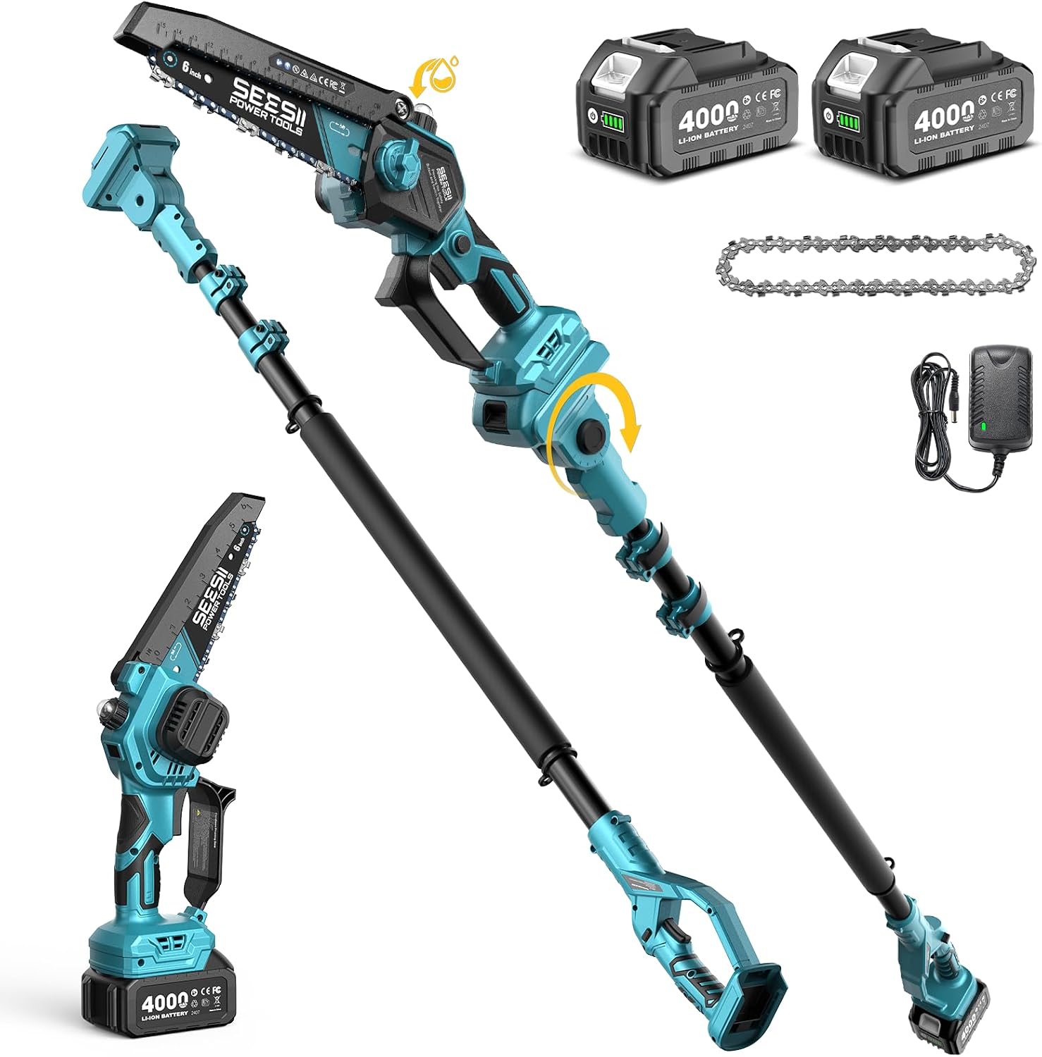 SEESII 2-in-1 Electric Pole Saws: Brushless Mini Chainsaw Cordless 6 Inch, 2 x 4000mAh Batteries, Pole Saw for Tree Trimming,Hand held Chain Saw with Extension Pole for Tree Limb Branch Cutter,P6 Ace