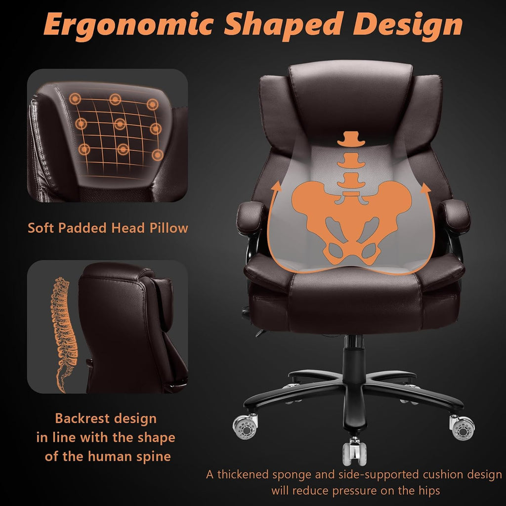 500lbs Big and Tall Office Chair with Dual Rubber Wheel and Pocket Spring Cushion, Comfy Heavy Duty Office Chair for Low Back Pain Relief, Large Executive Desk Chair with Adjustable Lumbar Support
