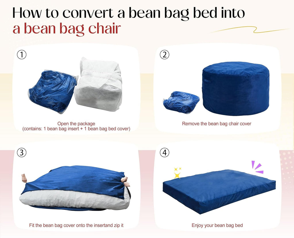 Hobestluk Giant Bean Bag Chair Bed for Adults, Large Bean Bags with High-Density Foam Filling, Convertible Big Sofa Bed Couch for Living Room, Bedroom, Playroom (Blue, Twin)