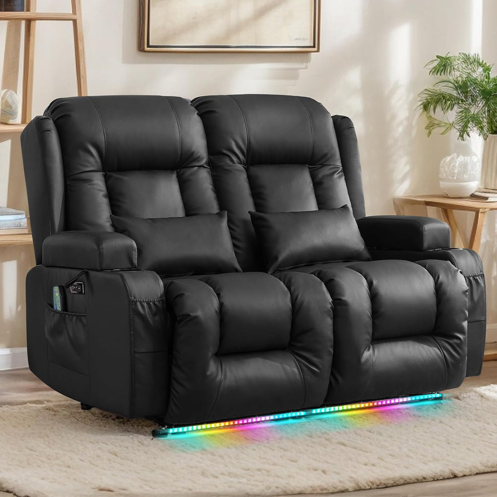 Loveseat Recliner Sofa, Leather Sofa with Massage & Heating, Home Theater Seating Power Reclining Loveseat with LED Light/Cup Holders/Lumbar Pillow (Black, Loveseat)