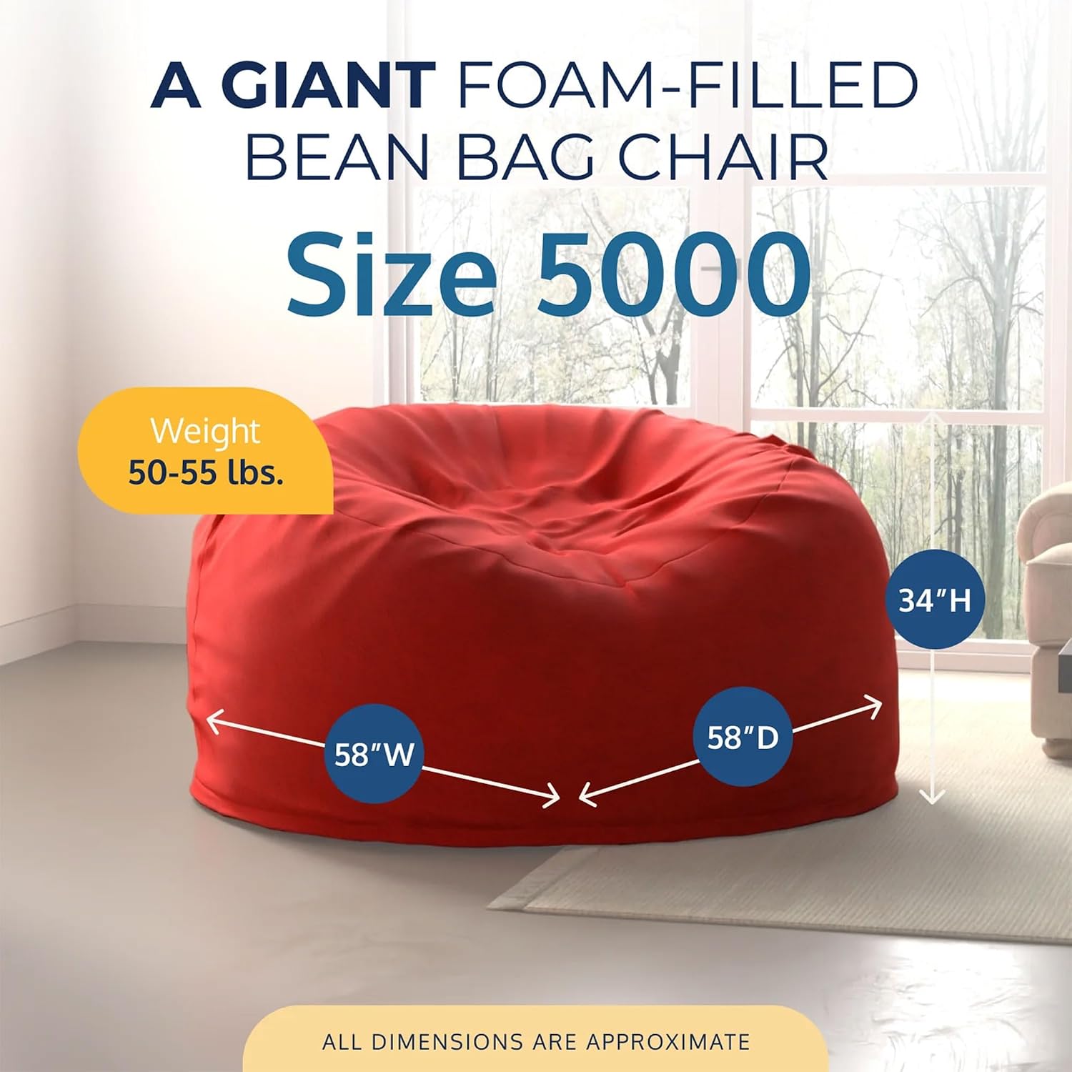 ULTIMATE SACK 5000 5-Foot Bean Bag Chair, Red Suede Cover – Oversized Foam Lounger, Floor Seat, Small Sofa, or Couch Bed for Living Area, Gaming Room, or Reading Lounge