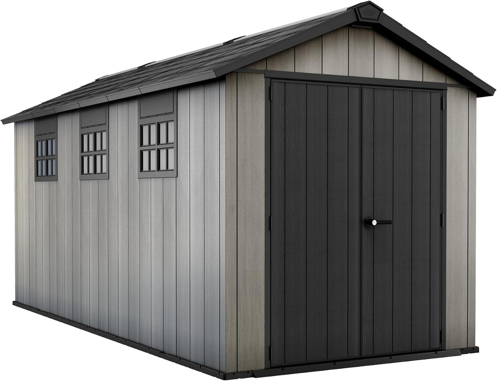 Keter Oakland Extension 7.5x15 Ft All-Weather Storage Shed with Skylight, Window, Built-in Ventilation, Customizable Walls, & Lockable Double Doors, Grey