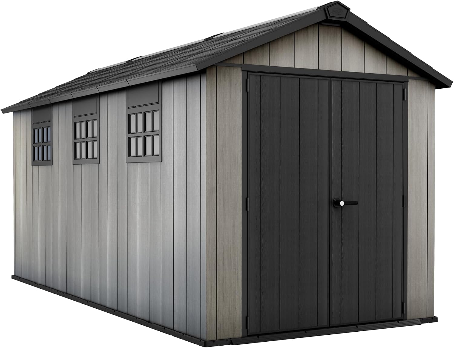 Keter Oakland Extension 7.5x15 Ft All-Weather Storage Shed with Skylight, Window, Built-in Ventilation, Customizable Walls, & Lockable Double Doors, Grey