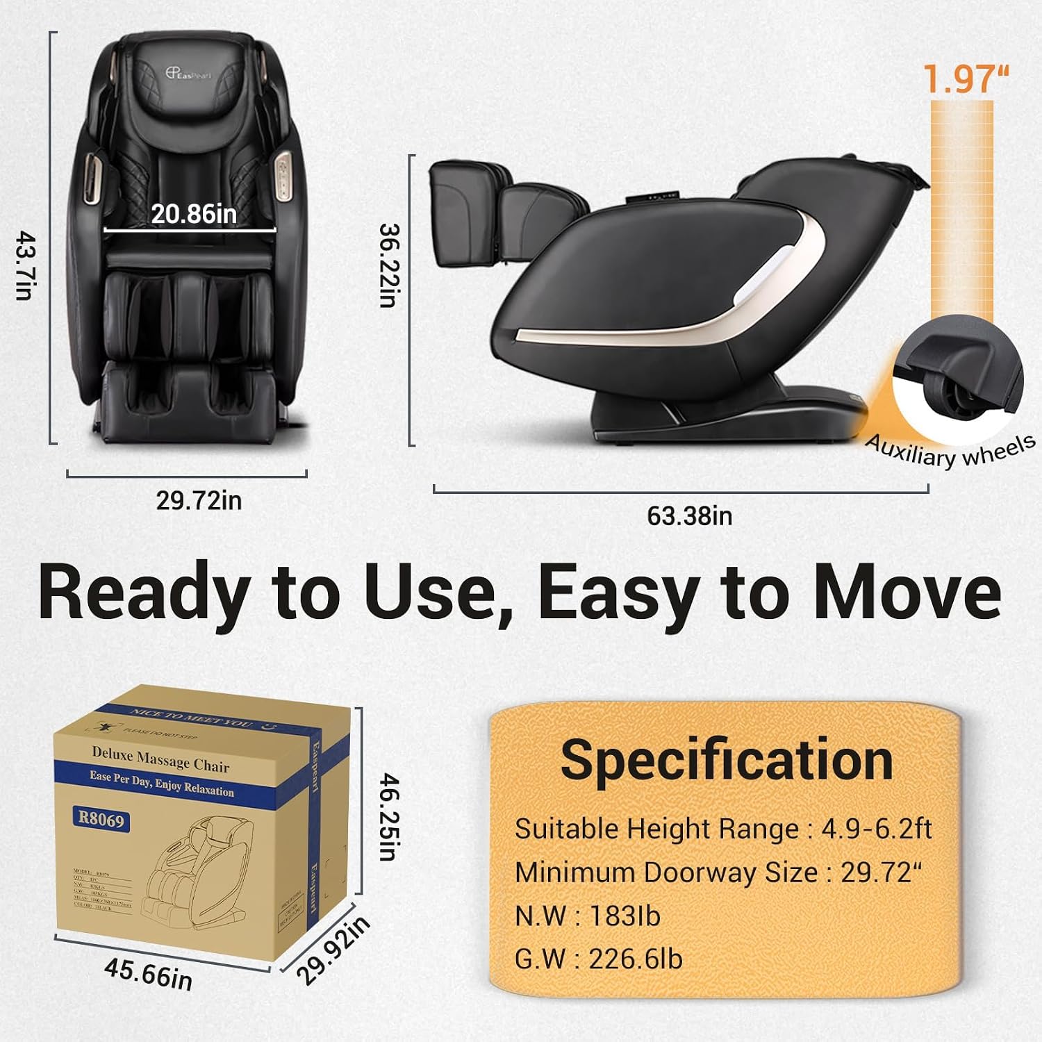 EASPEARL Massage Chair, Zero Gravity Massage Chairs Full Body with APP, Phone Holder, Waist and Calf Heat, Thai Stretch, Body Scan, USB Port, Bluetooth Speaker, Shiatsu Massage Recliner (Black)