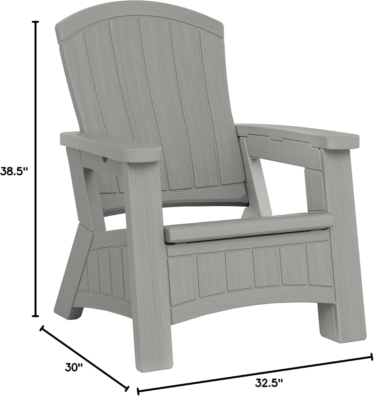 Suncast Outdoor Patio Adirondack Chair with 8 Gallons of Under-Seat Storage, Stylish Faux Wood Outdoor Storage Chair, Dove Gra